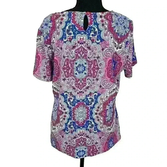 Talbots Womens Sz L Multi Colored Paisley Floral Back Key Hole Short Sleeve Top - Picture 8 of 8